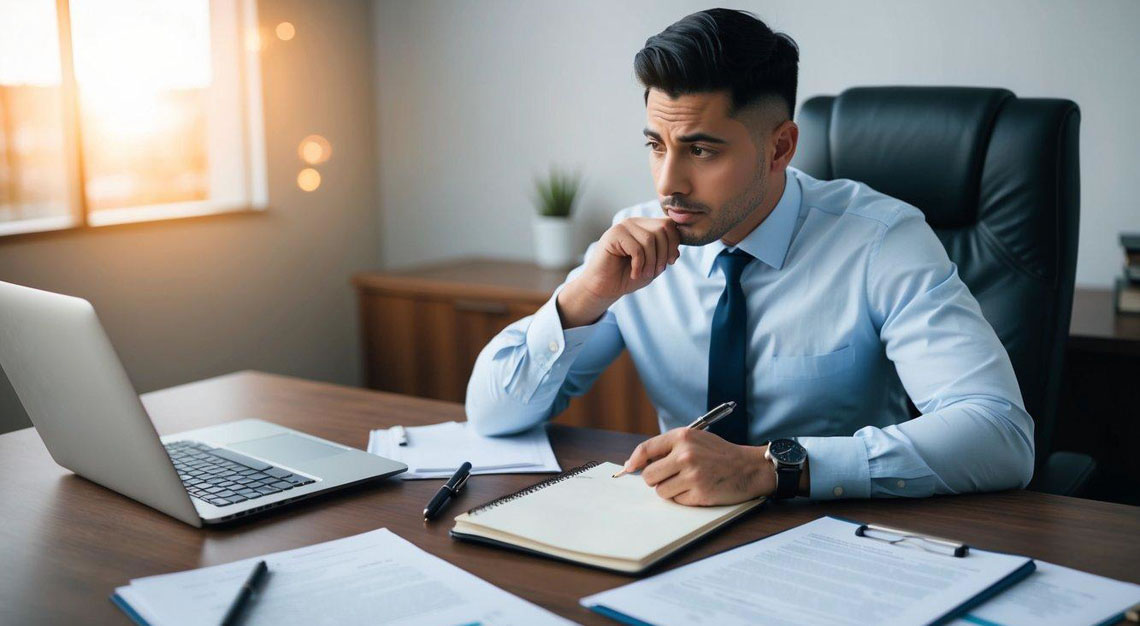 A person sitting at a desk with a notebook and pen, surrounded by legal documents and a laptop. They are deep in thought, contemplating the questions to ask a DUI lawyer in Arizona