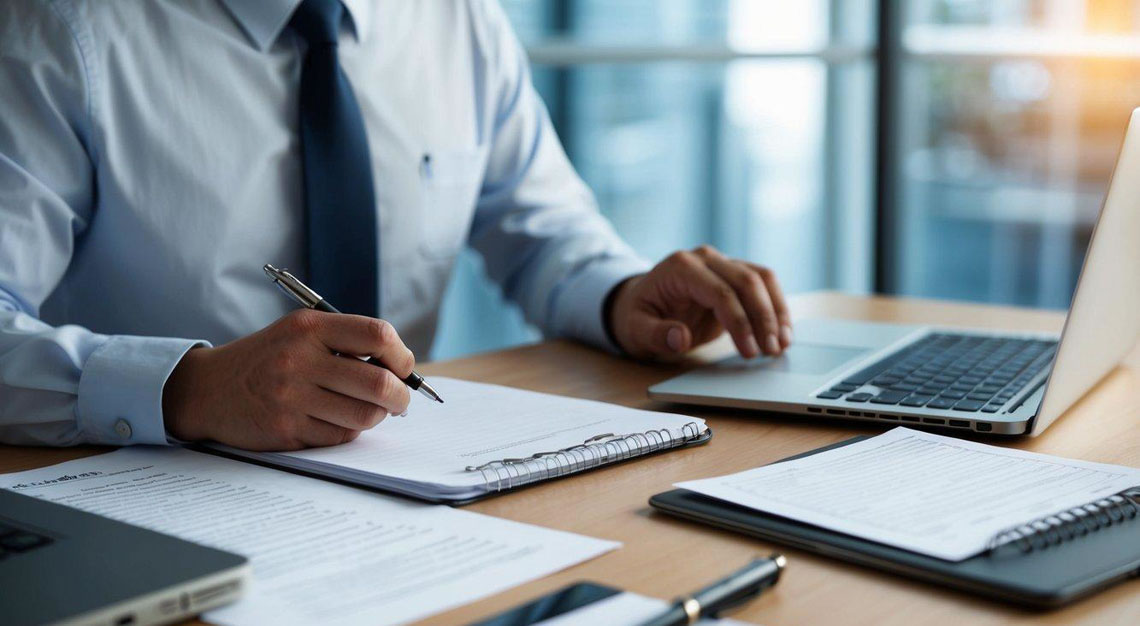 A person sitting at a desk with a notepad, pen, and laptop, surrounded by legal documents and a list of questions