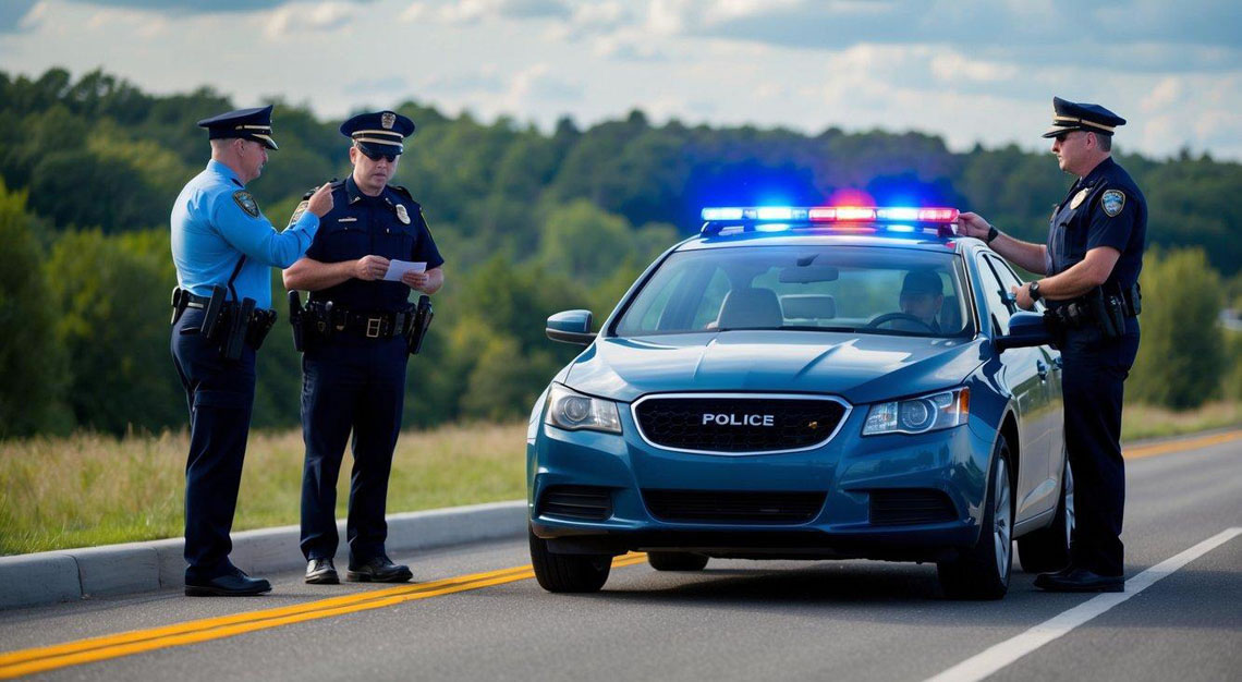 A car being pulled over by a police officer on the side of the road, with the driver being given a sobriety test