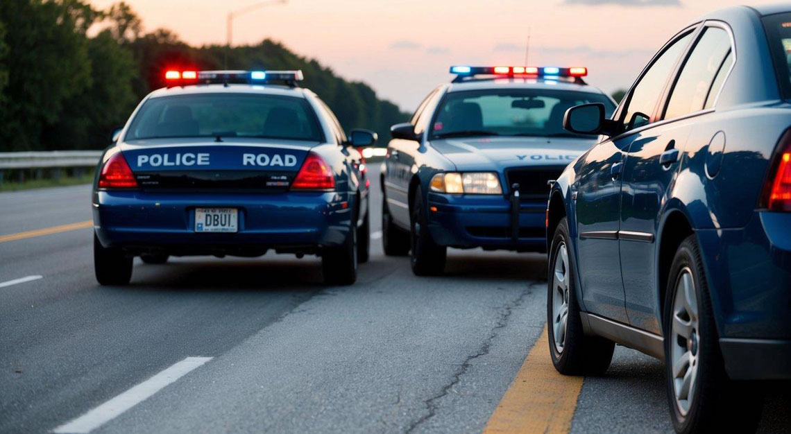 A car swerves off the road, with a police car behind it and a red "DUI" sticker on the driver's license