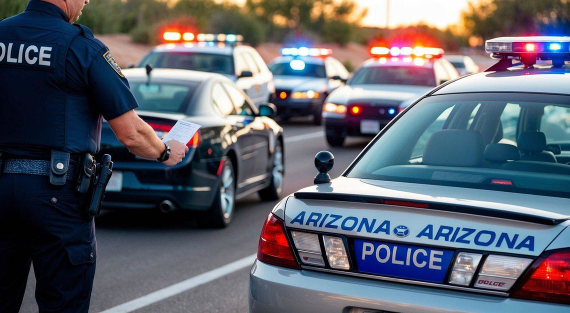 A car with an Arizona license plate being pulled over by a police car, with the driver's license and a DUI citation being exchanged