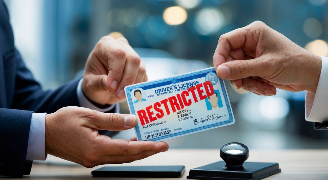 A driver's license being handed over to an official, who is placing a red "restricted" stamp on it